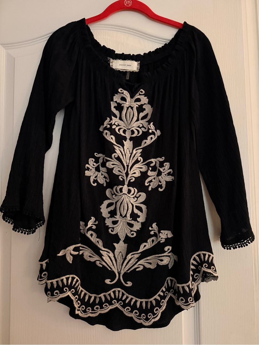 Sweet Jane Black Embroidered Peasant Top
